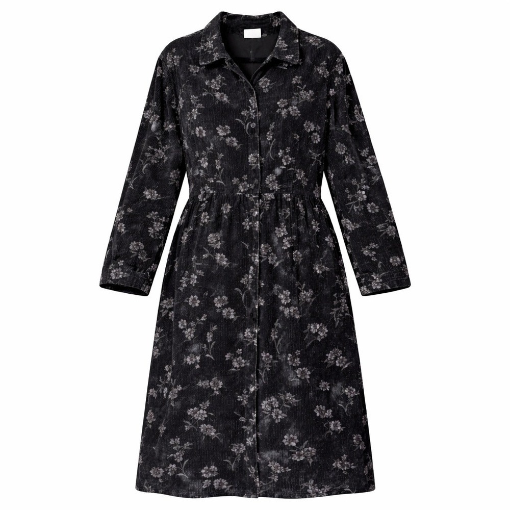 Vtg MATCH Womens Dress Size 16 Black Corduroy Floral Full Button Down Retro